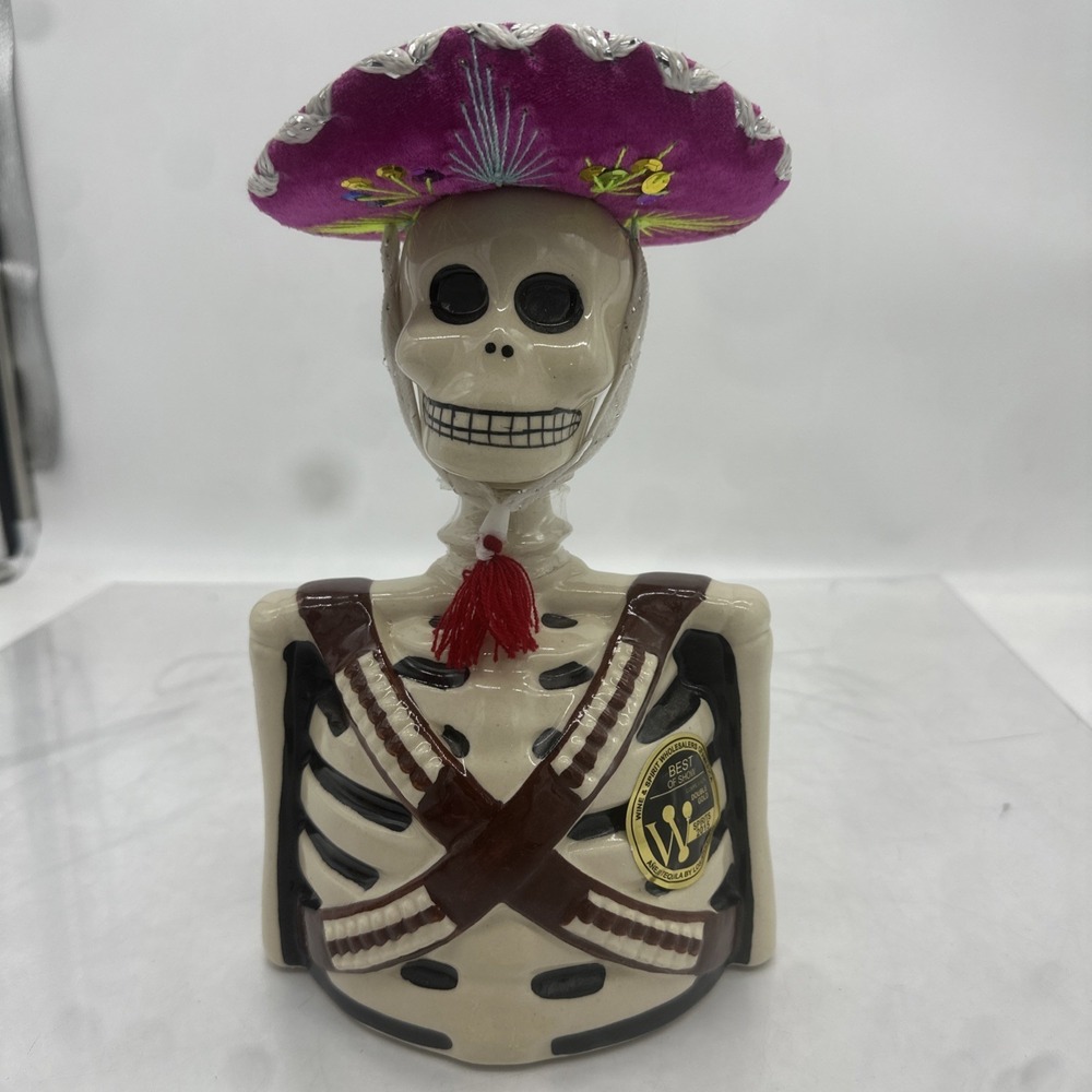 SKELLY Azulejos Tequila Glazed Pottery Skeleton Liquor Bottle Decanter EMPTY